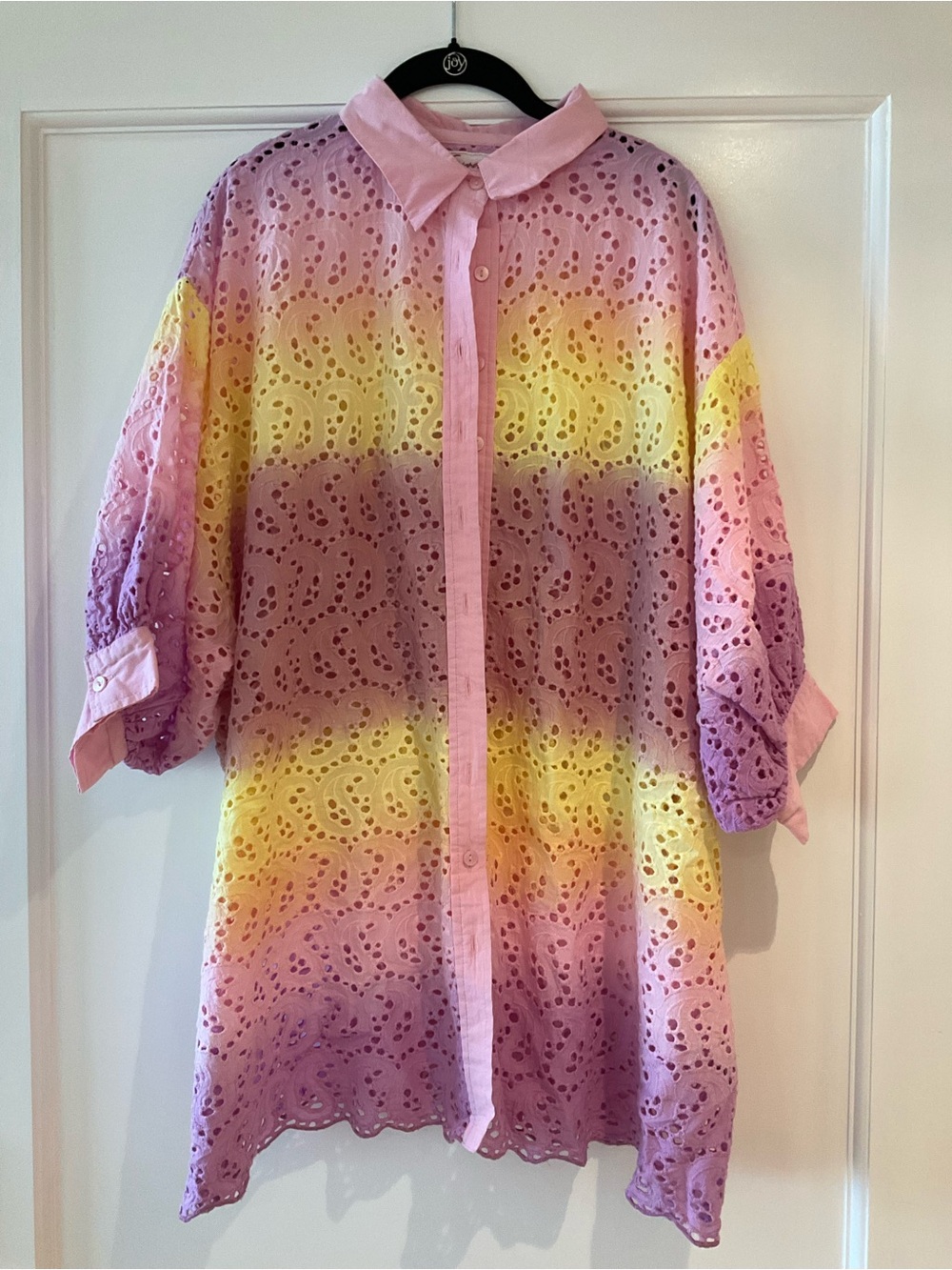 Striped Eyelet Button-Front Mini Dress in Pink, Yellow & Purple